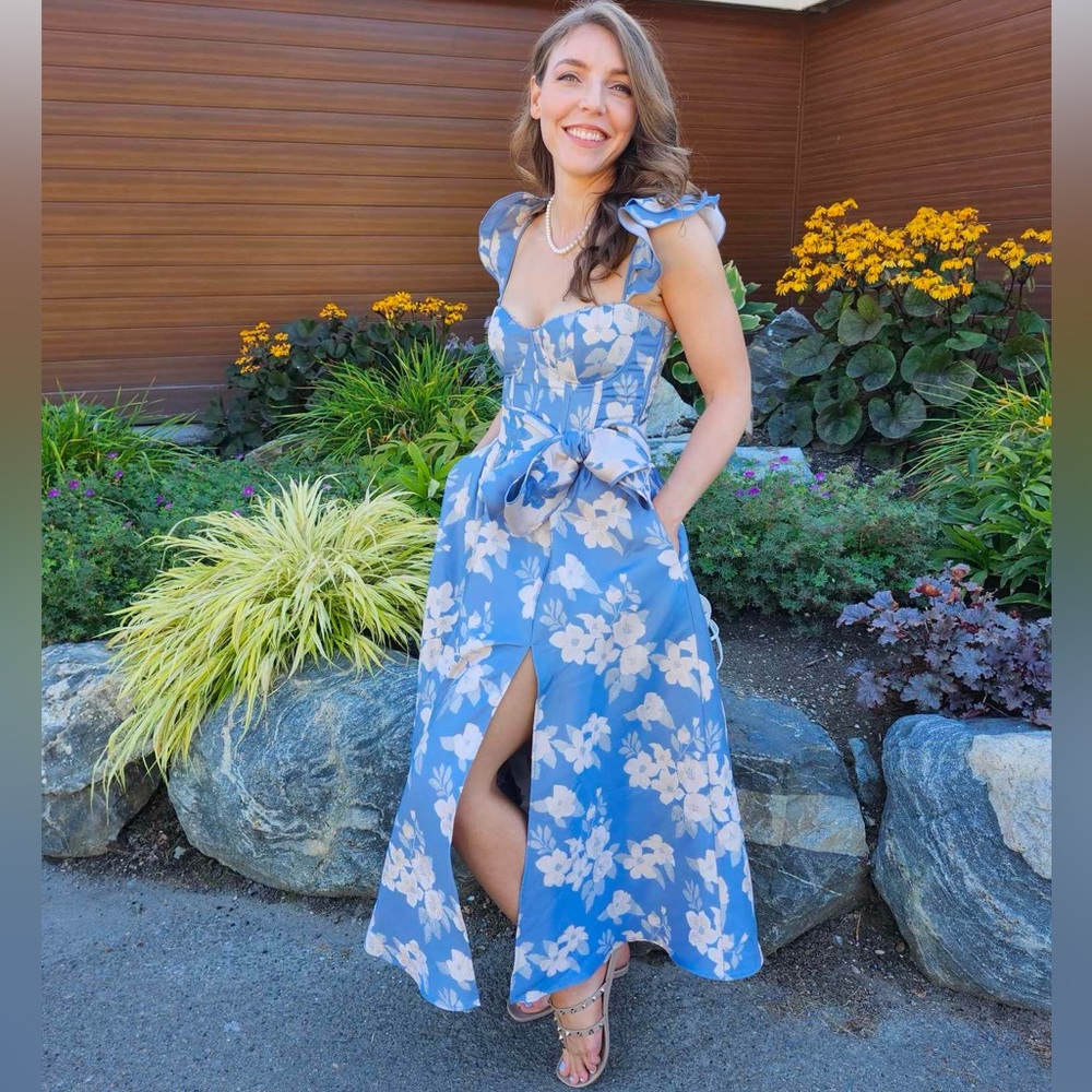 Ruffle-Strap Corset Side-Slit Midi Dress - Picture 8 of 8